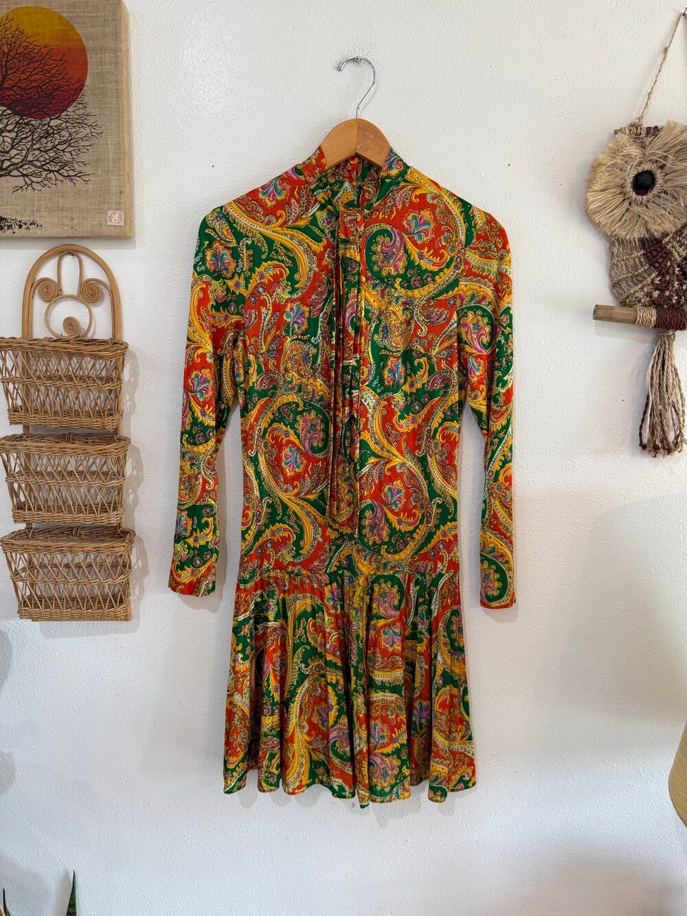 70s Paisley Drop Waist Mini Dress